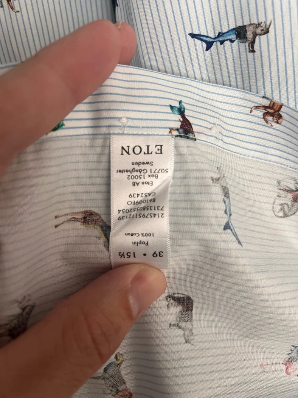 Eton White Shirt with Blue Pinstripes and Multicolor Animal & Bird Motifs